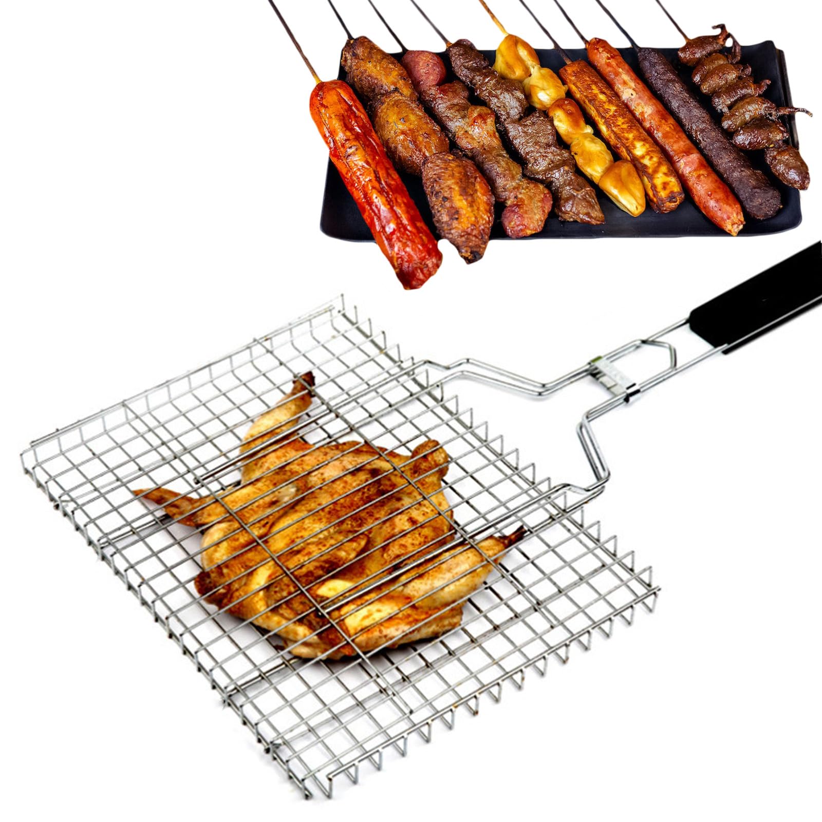 Panier Grille pour Barbecue, Grille de Barbecue Portable avec Poignée Amovible en Bois, Accessoires de Barbecue Grille Panier pour Poisson Rôti, Crevettes, Légumes, 32 x 22 x 3.5 cm