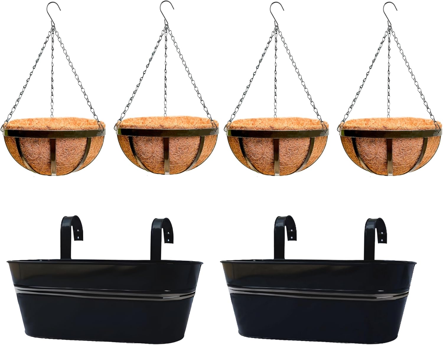 LaLaGreen Bundle- 2 Pack, 16 Inch Black Metal Pot + 4 Pack, 16 Inch Hanging Basket with Coco Liner Outdoor Metal Flower Plant Holder Wall Mount Window Boxes Porch Deck Rail Fence Balcony Modern Decor