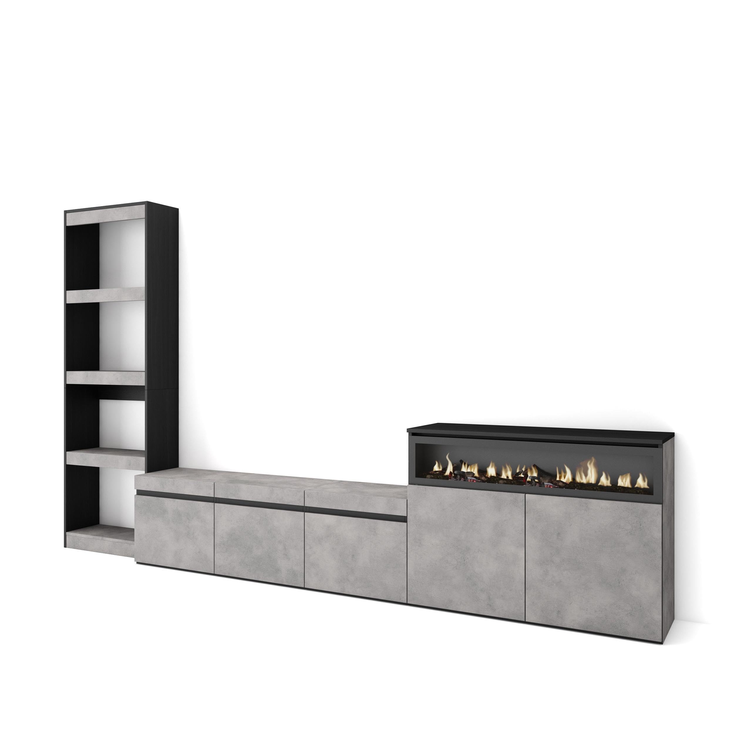Skraut Home | Muebles de Salón para TV | Conjunto de Muebles Comedor | 310x186x35cm | para TV hasta 65" | Chimenea eléctrica | Estilo Moderno | Cemento