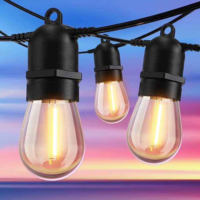 户外LED串灯 - 100FT 30灯水晶防碎 S14爱迪生灯串，适用于露台、阳台、咖啡馆、后院等场所，温暖白光