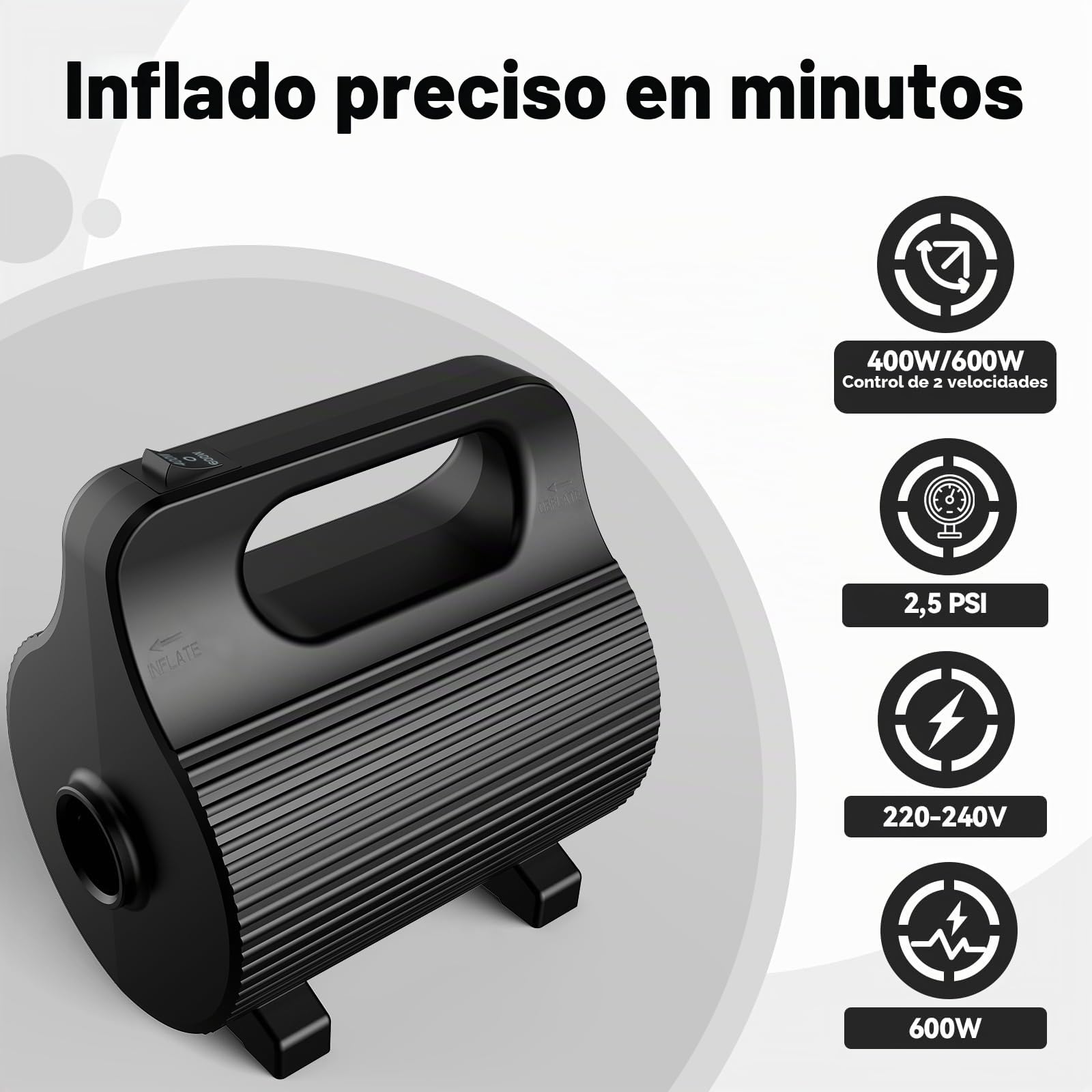 Bomba de Aire Portátil 4 Boquillas 400W-600W | Inflado Ultrarrápido para Colchones, Piscinas & Flotadores (AC220-240V)