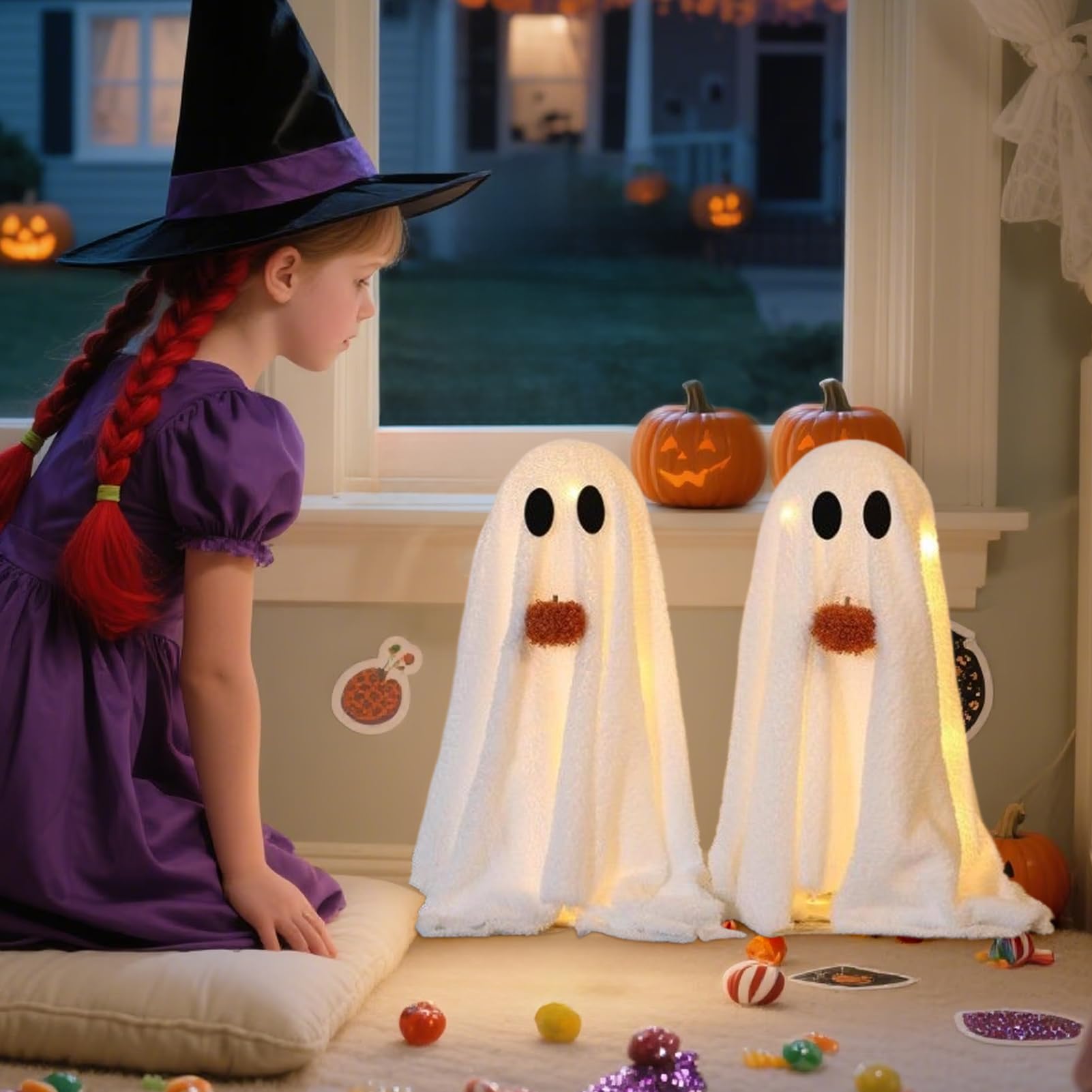 Duch Na Halloween Oświetlona Straszna Dekoracja | Dwie Sztuki Dekoracje Halloween Ozdoby Stołowe dla Wnętrz i Na Zewnątrz oraz Kuchnia Sypialnia Salon Ganek Taras Podwórko
