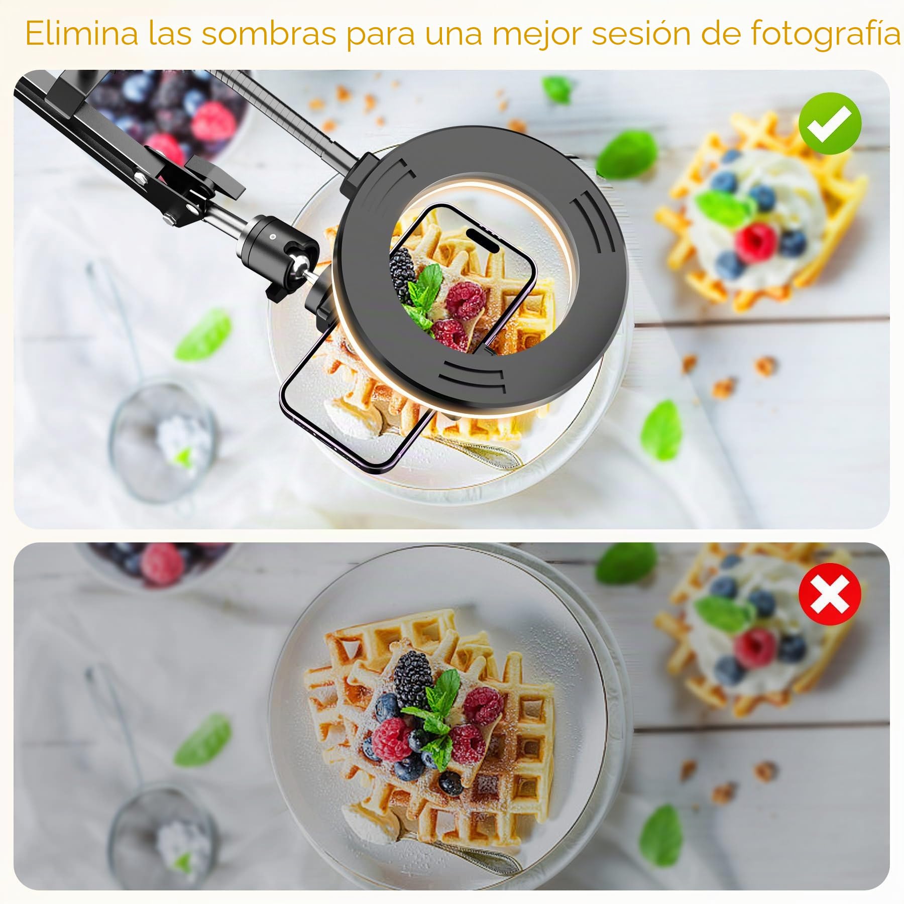 Soporte de teléfono Superior con Anillo de luz, Soporte articulado Flexible Compatible con iPhone, cámara Web Logitech, trípode de Escritorio para Youtube Live Stream Cocina, grabación de Video de