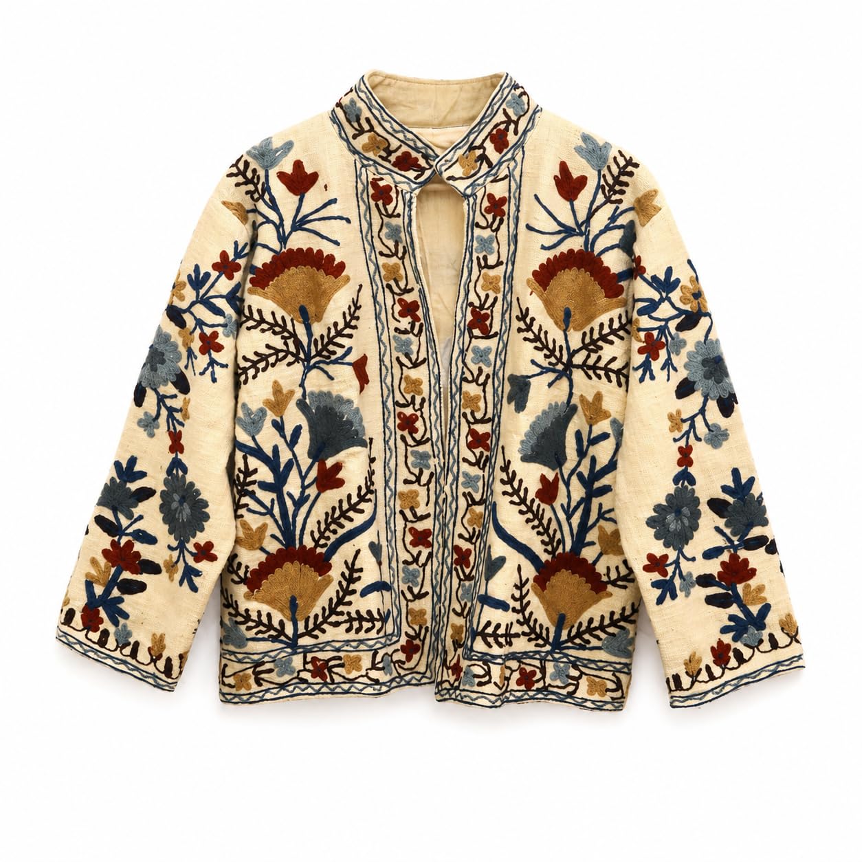Women's Hand Embroidered Suzani Cotton Jacket | Ethnic Floral Open Front Boho Jacket | Traditional Indian Embroidered Outerwear | Beige | Free Size-picture-36