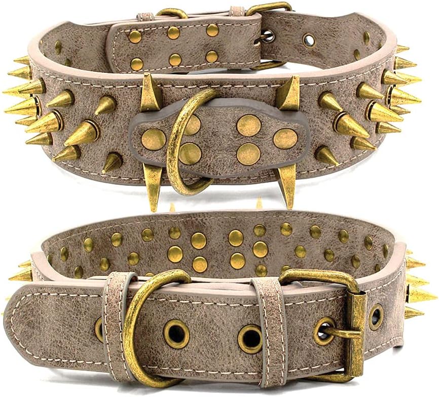 Spiked Studded Dog Collar with Large Sharp Spikes,2 Inch Wide Leather Dog Collar,Anti-bite,Fit Large Dogs,Pitbull Doberman (L, Grey)