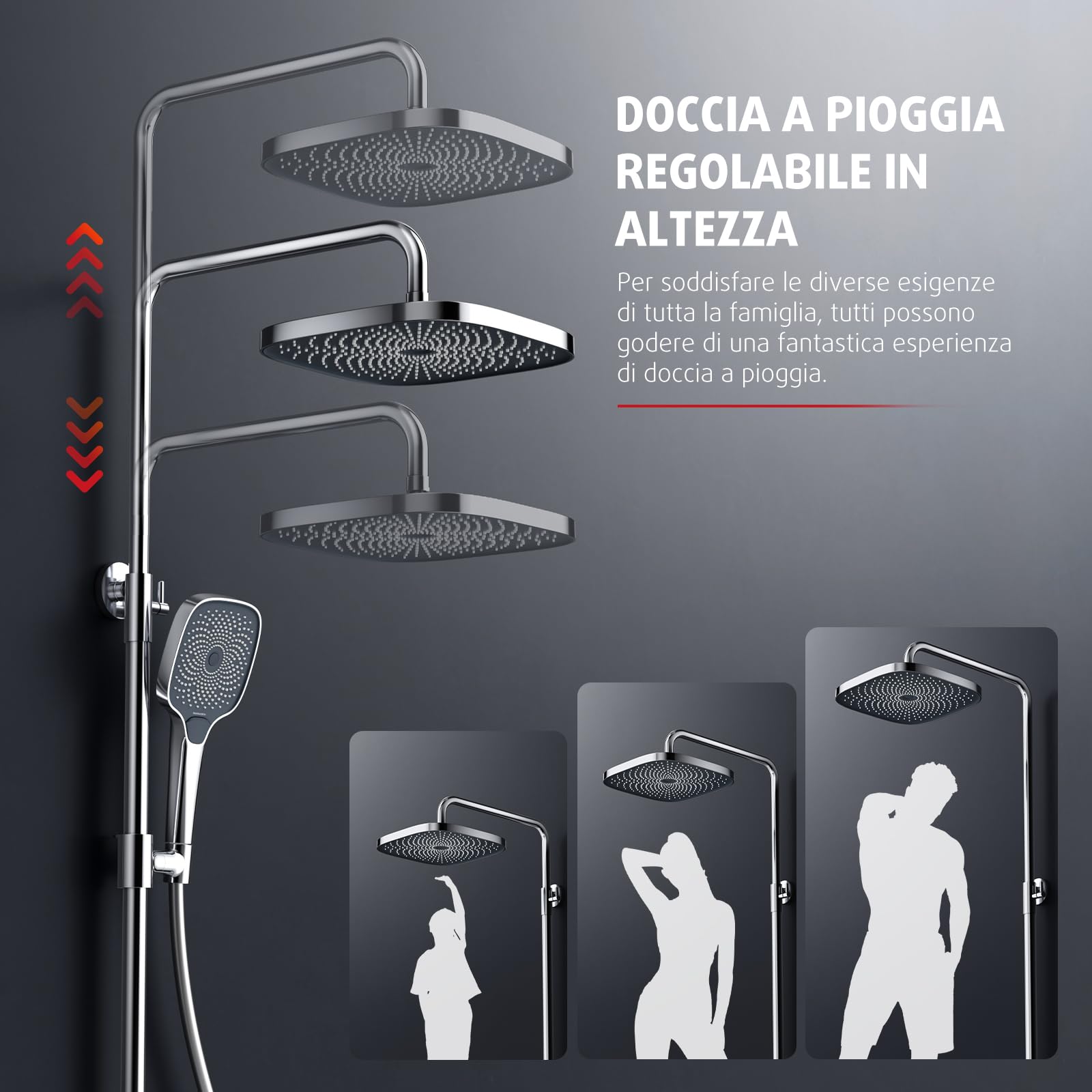 Rainsworth Sistema doccia con termostato e ripiano in vetro cromato – con doccia a pioggia 26 x 26 cm, doccetta 3 tipi di getti – Set doccia a pioggia