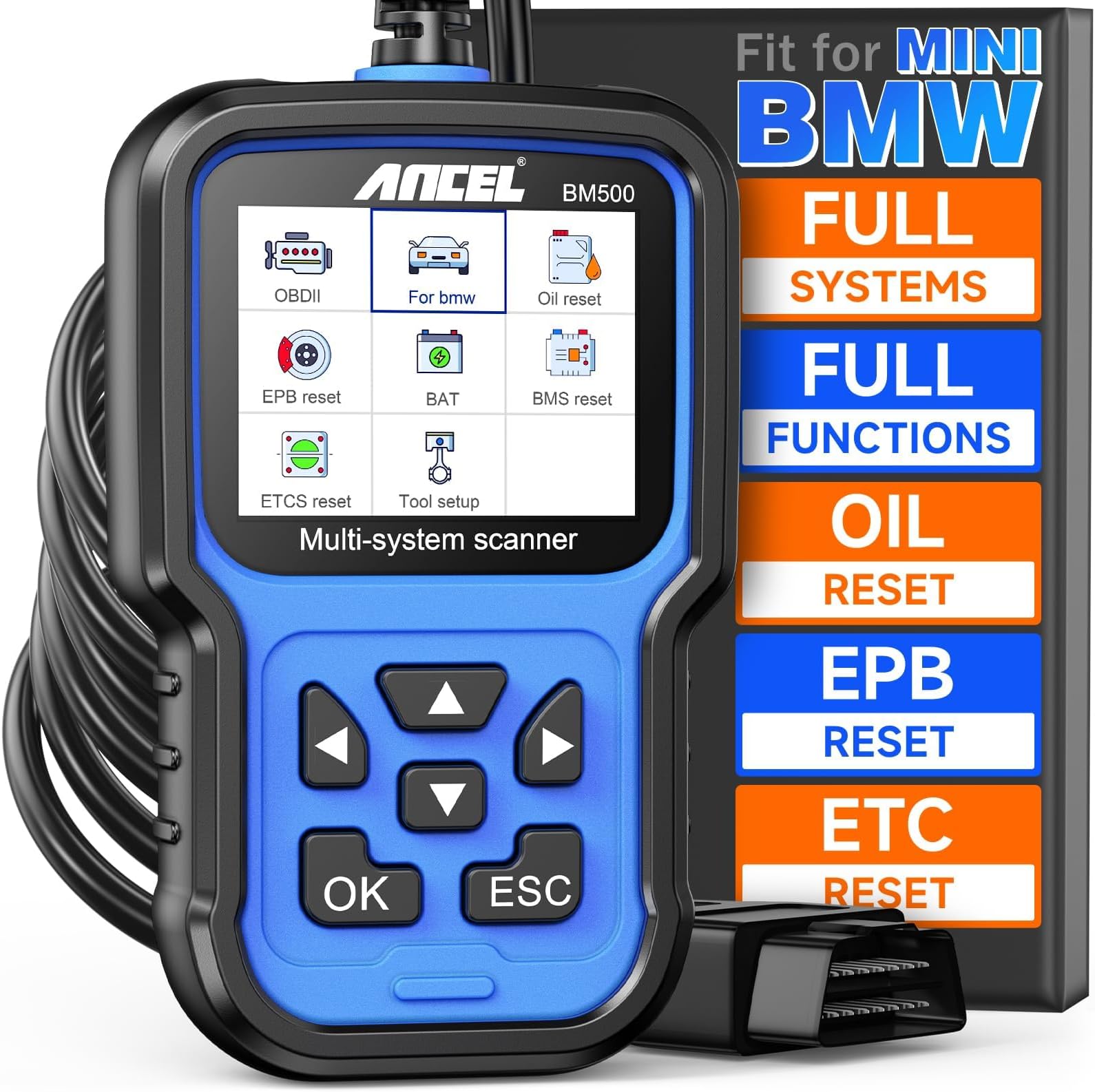 BM500 OBD2 Scanner for BMW & MINI, Simplified Battery Registration, EPB, Oil, Throttle, PCM Resets, I/M Readiness, Full System Diagnostics for Engine, Transmission, ABS, SRS, DSC & More