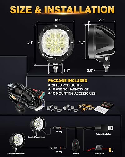 Miniatura 9 de Auxbeam Paquete de luces LED para todo terreno, cápsulas de luz redondas de 4 pulgadas y 90 W + focos todoterreno de 5 pulgadas y 110 W con