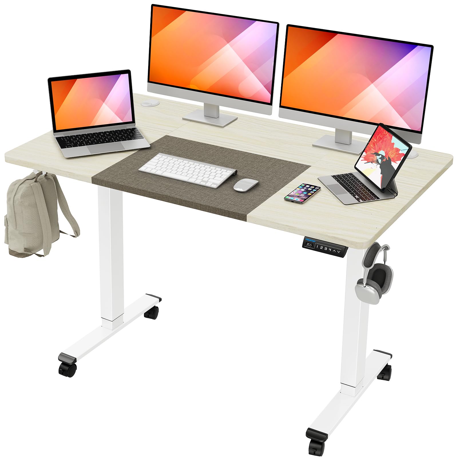 MOUNTUP ?????????? Inches Electric Height Adjustable Standing Desk, Sit Stand Desk with Memory Controller, Ergonomic Stand Up Desk for Home Office with Splice Board, White+Grey