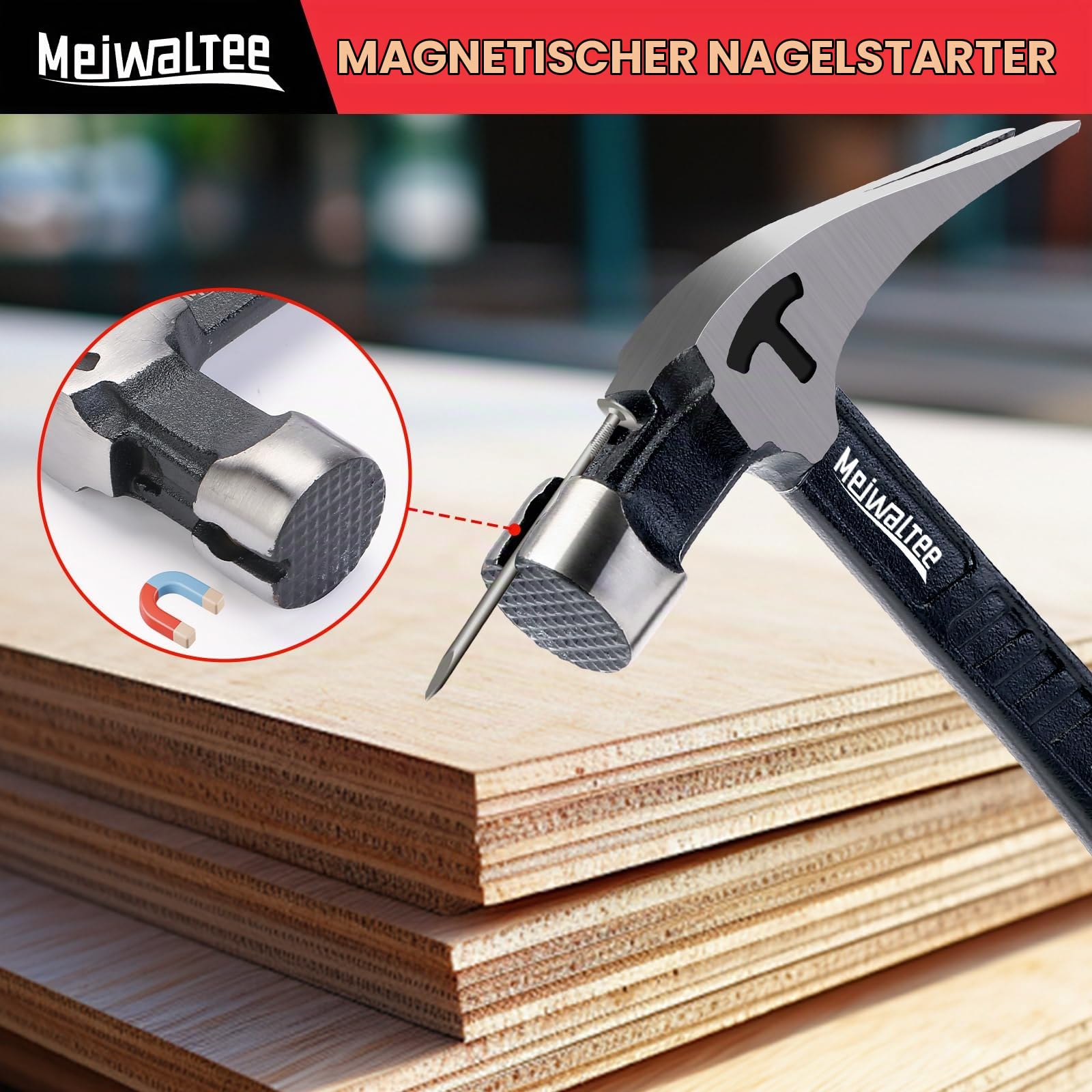 Gerader Klauenhammer,Zimmererhammer mit Magnetischem Nagelhalter, Gefräster Fläche & Stoßdämpfendem Griff - 850g Gewicht
