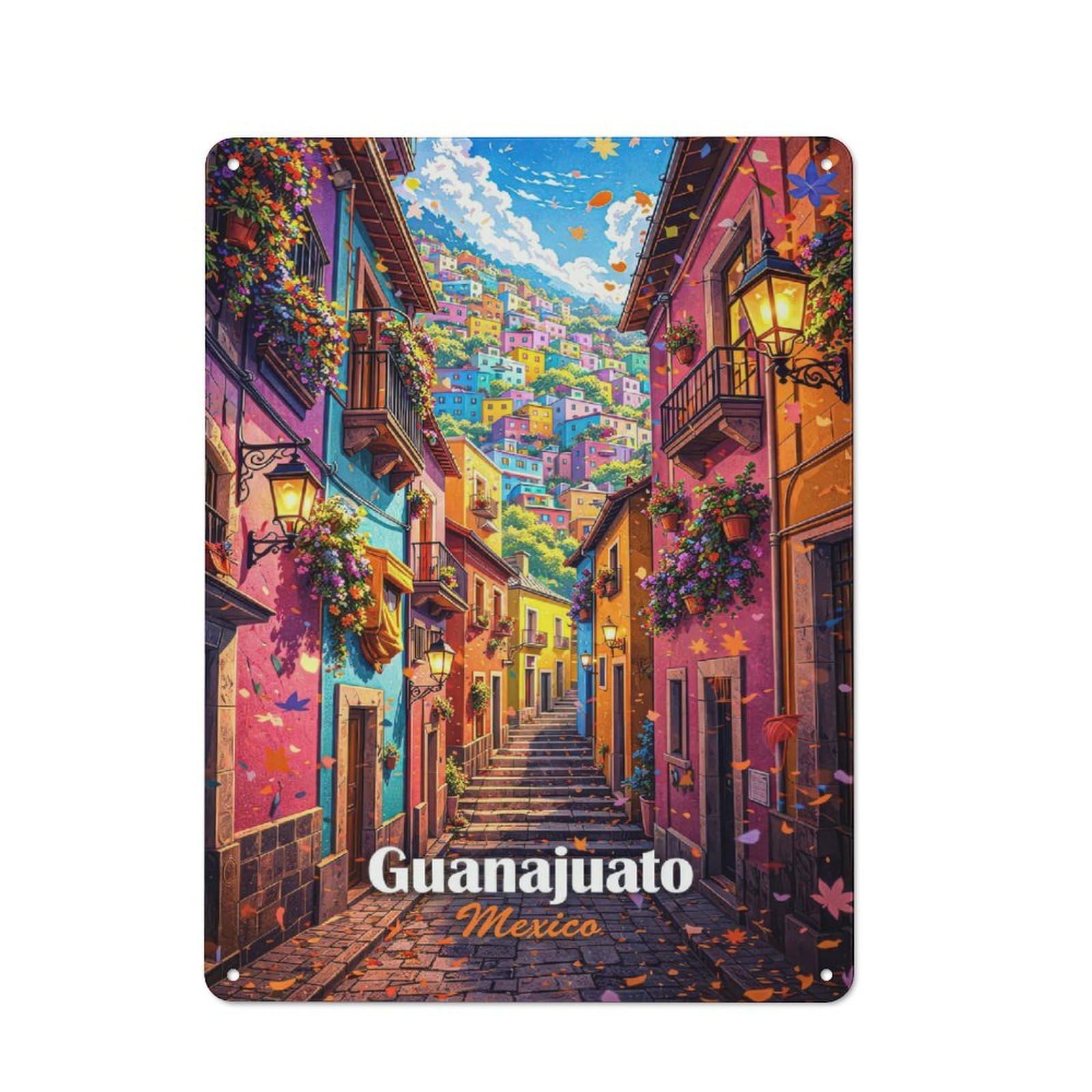 Junmoney Style-18 Colorful Guanajuato Street Scene Rustic Printed Metal Sign 40X30cm For Bar Or Restaurant, For Bar Decor Enthusiasts