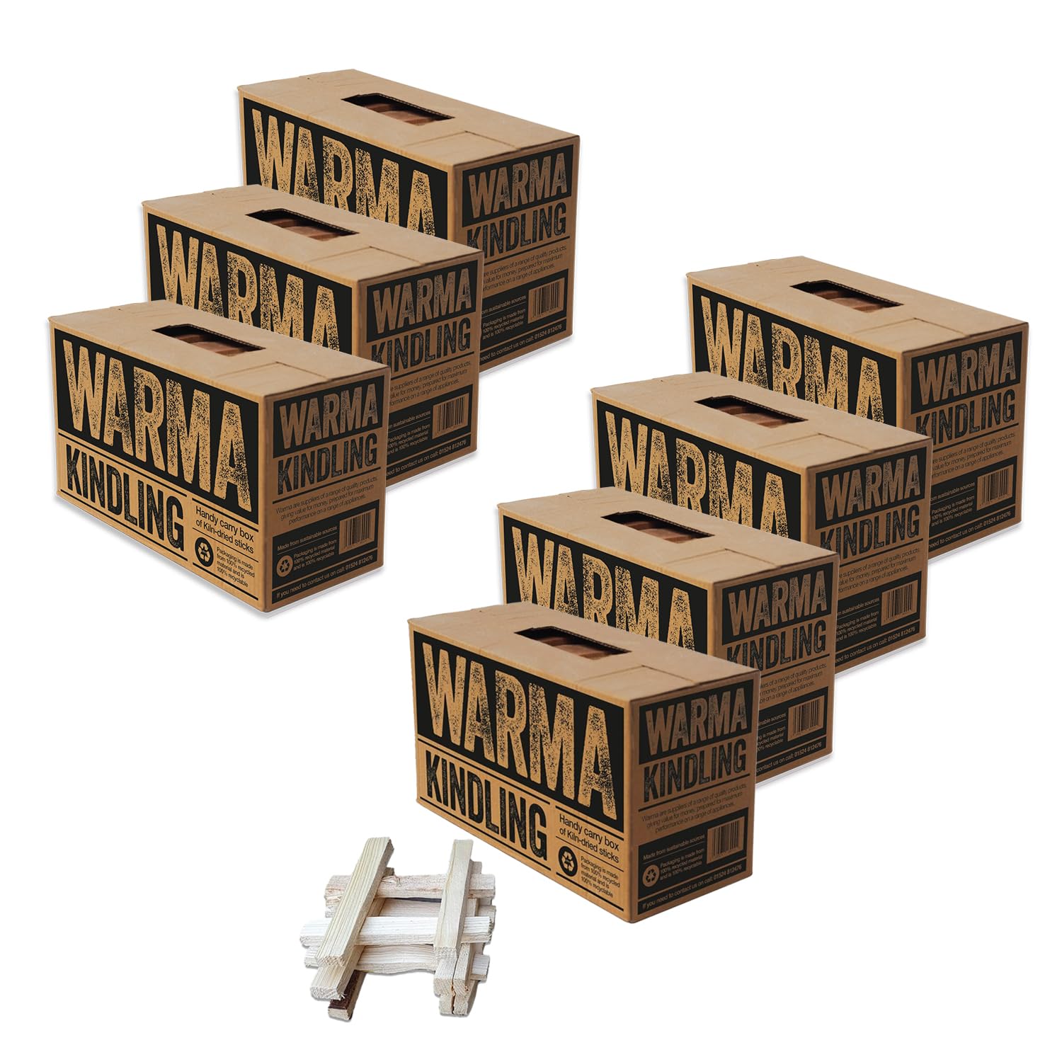 Warma Premium Kindling Sticks Kiln Dried Wood Box Recycled Packaging - Sustainably Sourced - For BBQs Barbeque Open Fire Pits Stove Pizza Ovens Wood Burners Fireplaces Chimeneas - 7 x Large Boxes