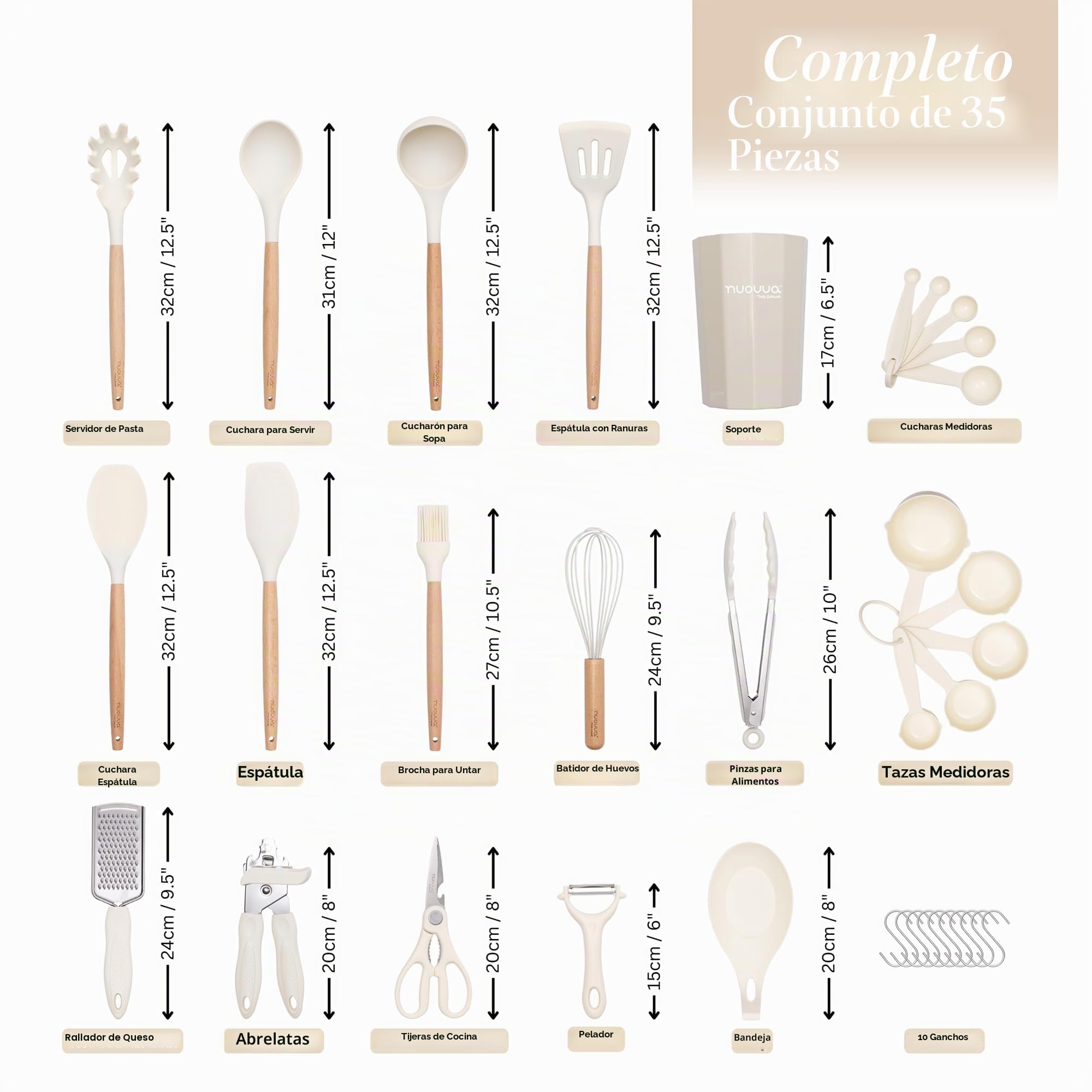 Juego de utensilios de cocina antiadherentes, utensilios de silicona resistentes al calor con mango de madera, cucharones, cucharas y espátulas