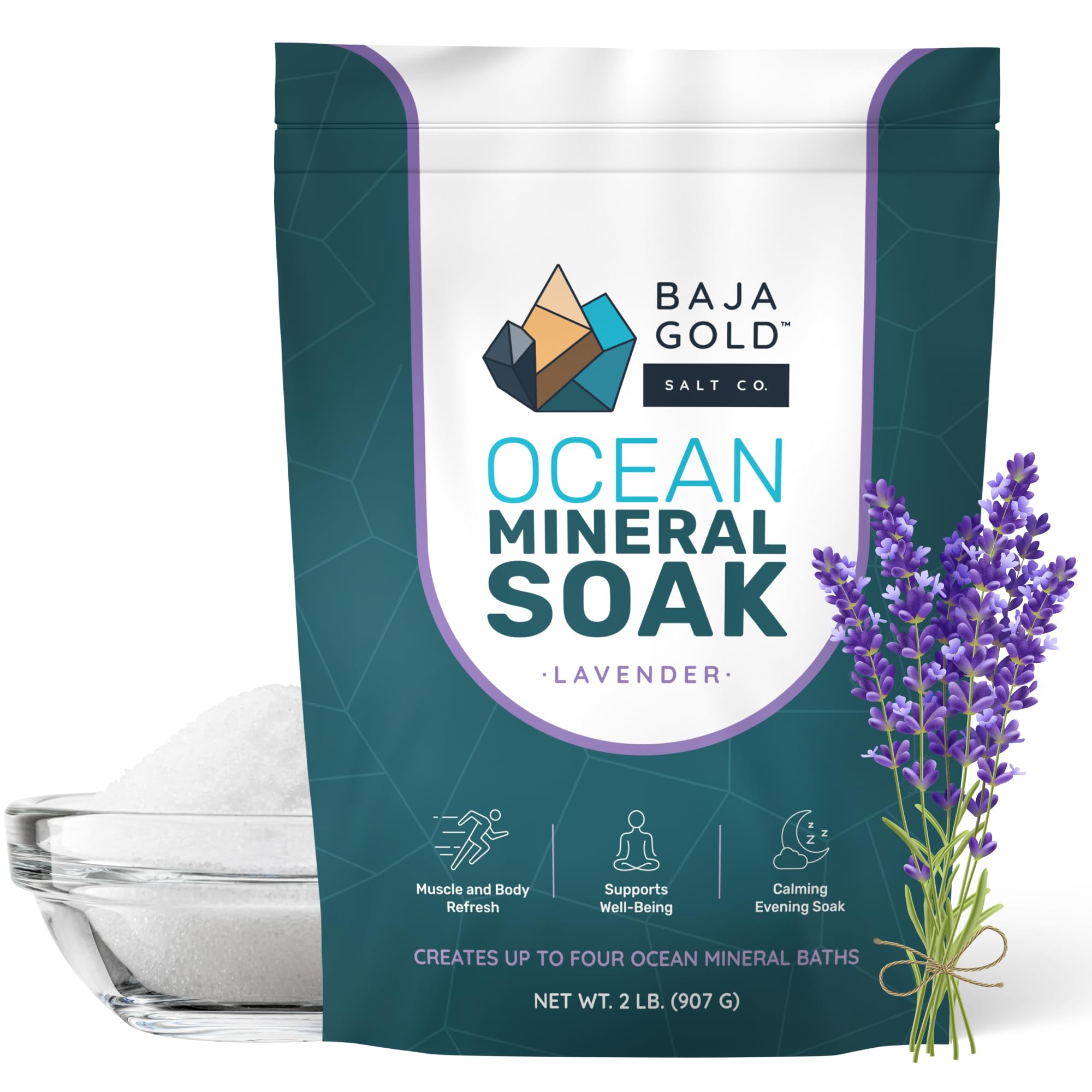 Baja Gold Ocean Mineral Soak, magnesio bagno ammollo, lavanda, sacco da 0,9 kg | Magnesio naturale e oligoelementi oceanici per bagno e relax, vegano, ingredienti puliti, opzioni multiple di profumo