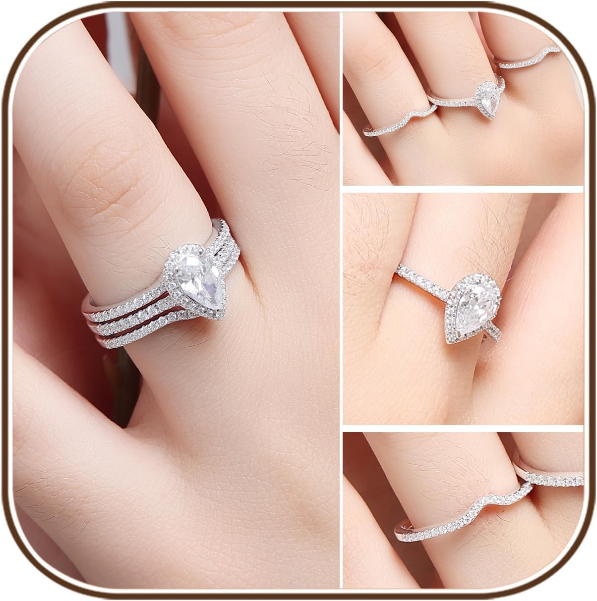 1CT Pear Moissanite Sterling Silver Engagement Wedding Ring Set for Women