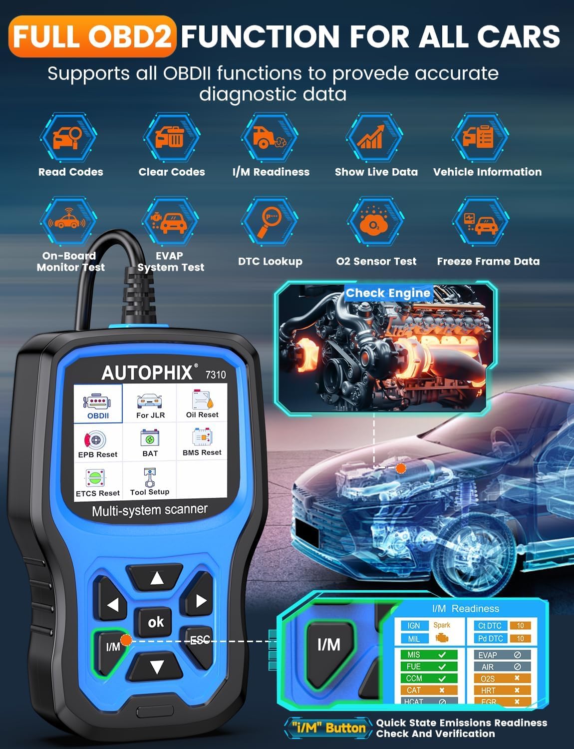 AUTOPHIX Strumento di scansione diagnostica completo 7310 compatibile con Land Rover e Jaguar, lettore di codici per auto, funzioni complete, scanner OBD2, strumento di registrazione della batteria