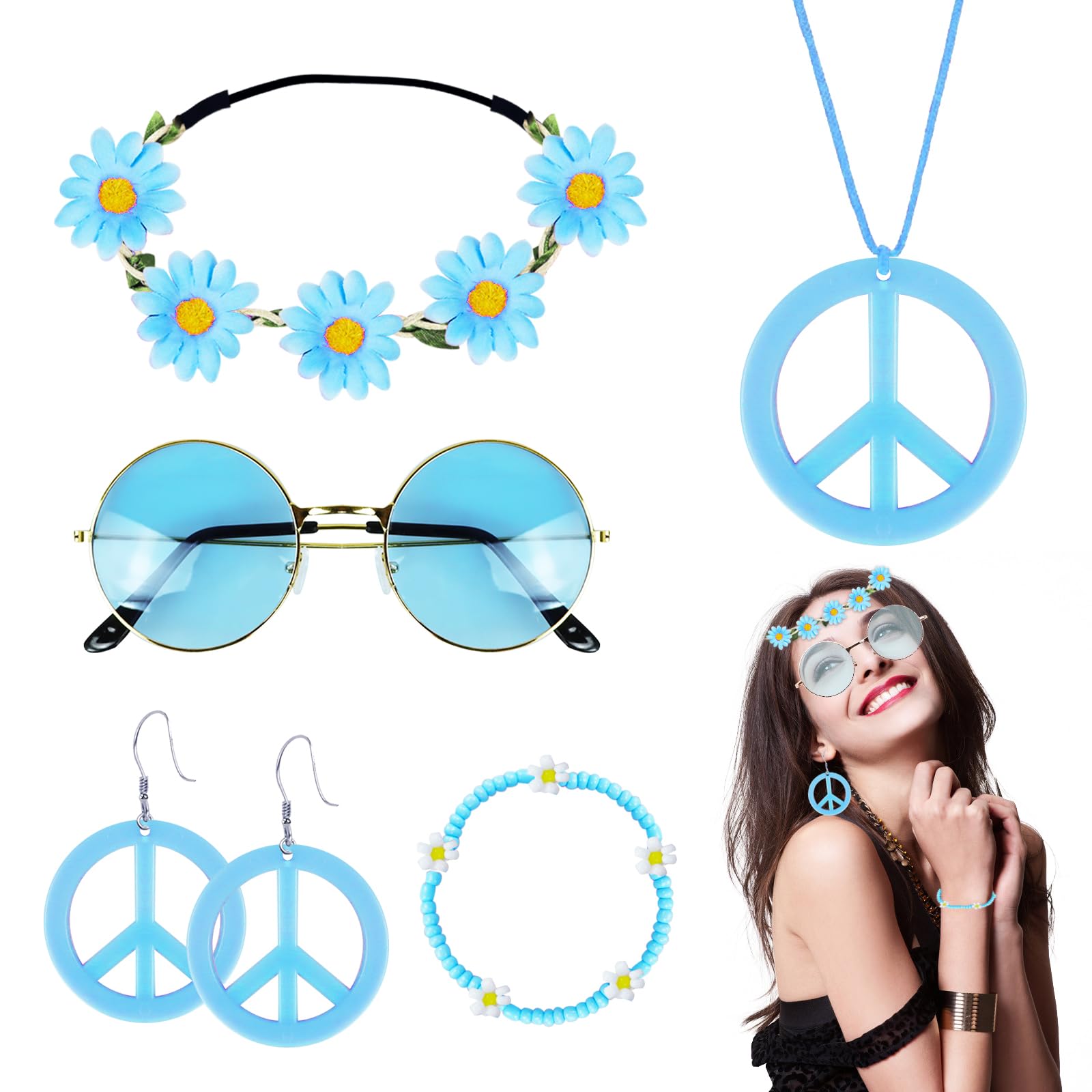 Kit Déguisement Hippie – 9 Pièces : Bandeaux Marguerite, Lunettes Rondes, Collier Paix – Rétro Pour Soirée Costumée
