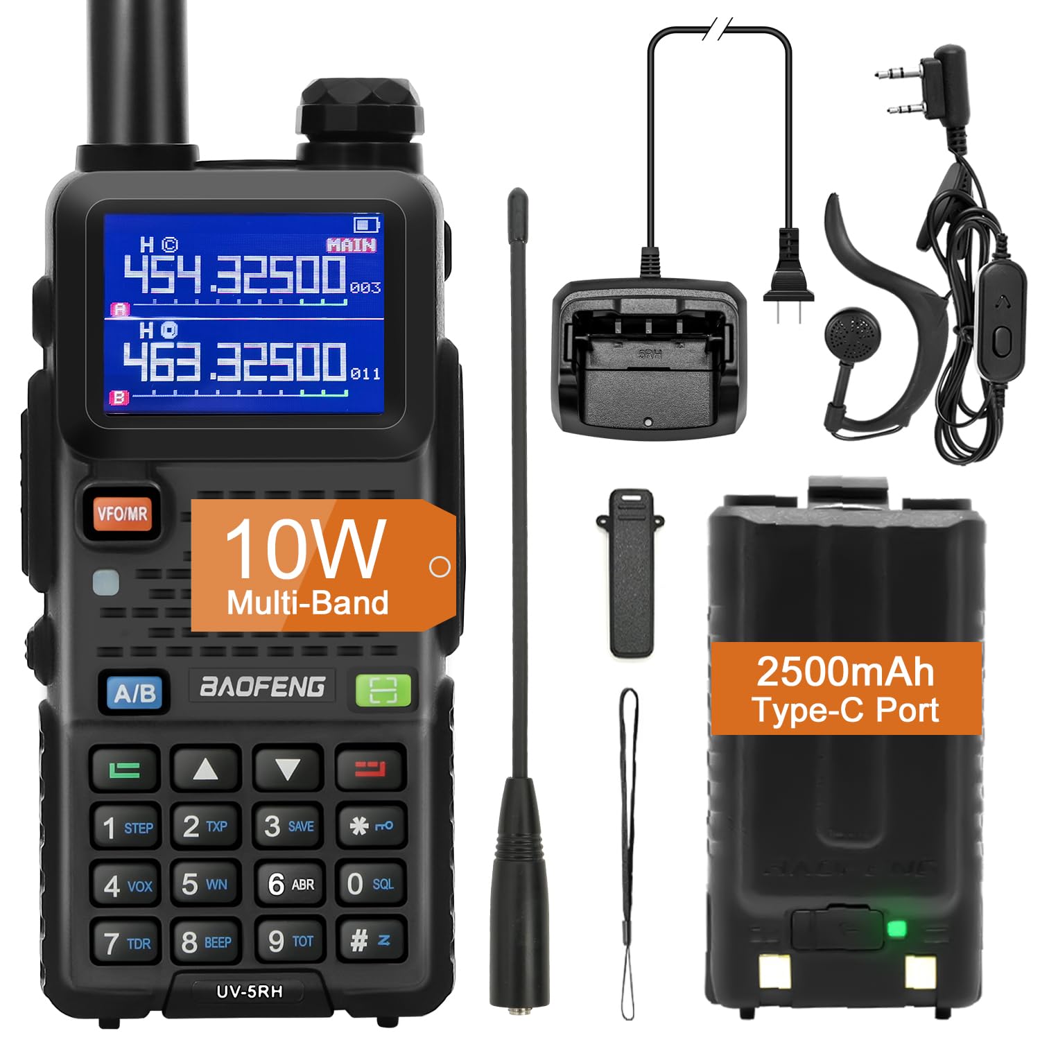BAOFENG 5RM 10W (Upgrade of UV-5R) Ham Radio Long Range, Portable Multi-Band Two Way Walkie Talkies, UV-5RM Handheld Radio with NOAA Weather Receiver and 2500mAh Type-C Port Battery