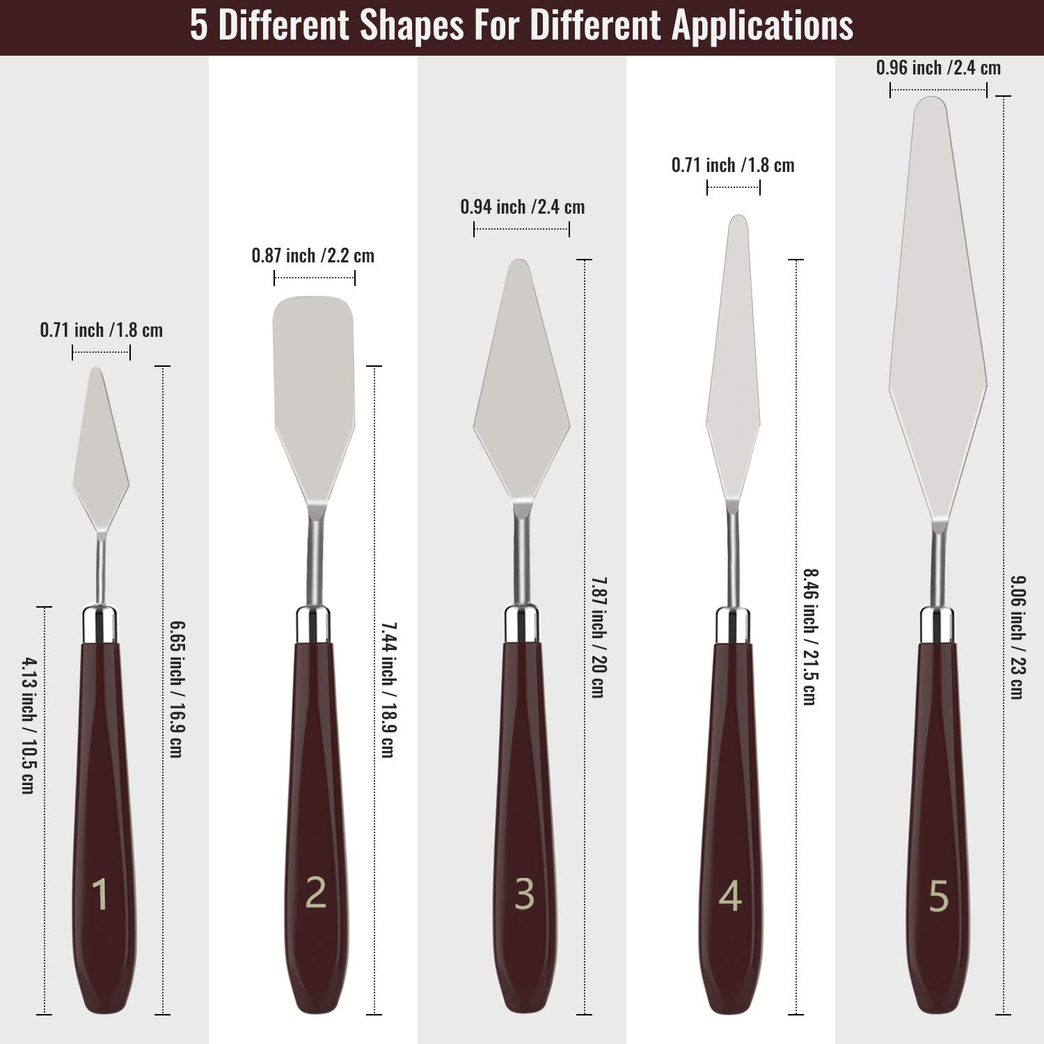 Dadanism 5 Pieces Painting Knives Thin & Flexible Stainless Steel Palette Knife Set Oil Painting Metal Knives Color Mixing Scraper Painting Art Spatula Palette Knife Tools - Reddish Brown