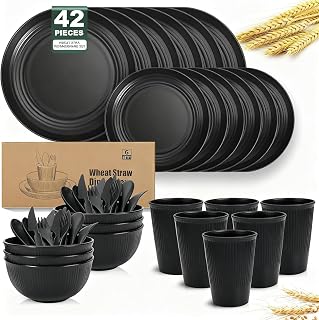 OAMCEG 42 Pack Wheat Straw Dinnerware Set, Black Plates and Bowls Sets for Kitchen & Camping | Wheat straw Dinnerware Set Black dish set for 6 (Includes Dinner Plates, Bowls, Cups & Cutlery)