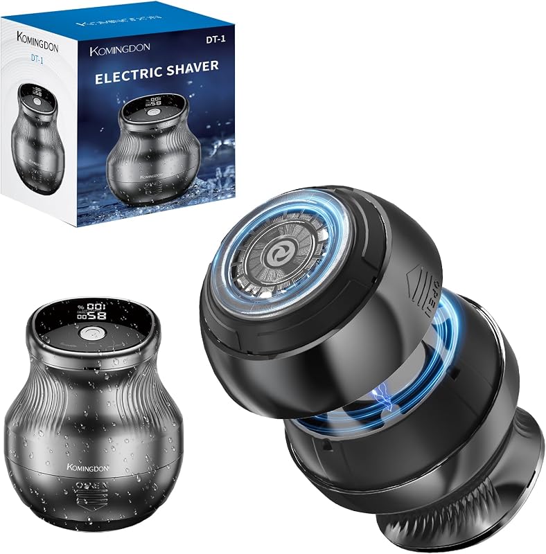 Barbeador elétrico rotativo KOMINGDON DT-1 para cabeça e rosto, recarregável, sem fio, uso seco e úmido, display LED, USB-C