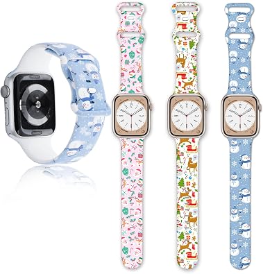 Christmas Watch Band 3 Pack Compatible with Apple Watch Band 38mm 40mm 41mm 42mm 44mm 45mm iWatch SE Series 10 9 8 7 6 5 4 3 2 1, Christmas Holiday Soft Silicone Replacement Strap Band for Women
