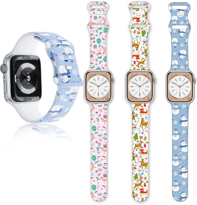 Christmas Watch Band 3 Pack Compatible with Apple Watch Band 38mm 40mm 41mm 42mm 44mm 45mm iWatch SE Series 10 9 8 7 6 5 4 3 2 1, Christmas Holiday Soft Silicone Replacement Strap Band for Women