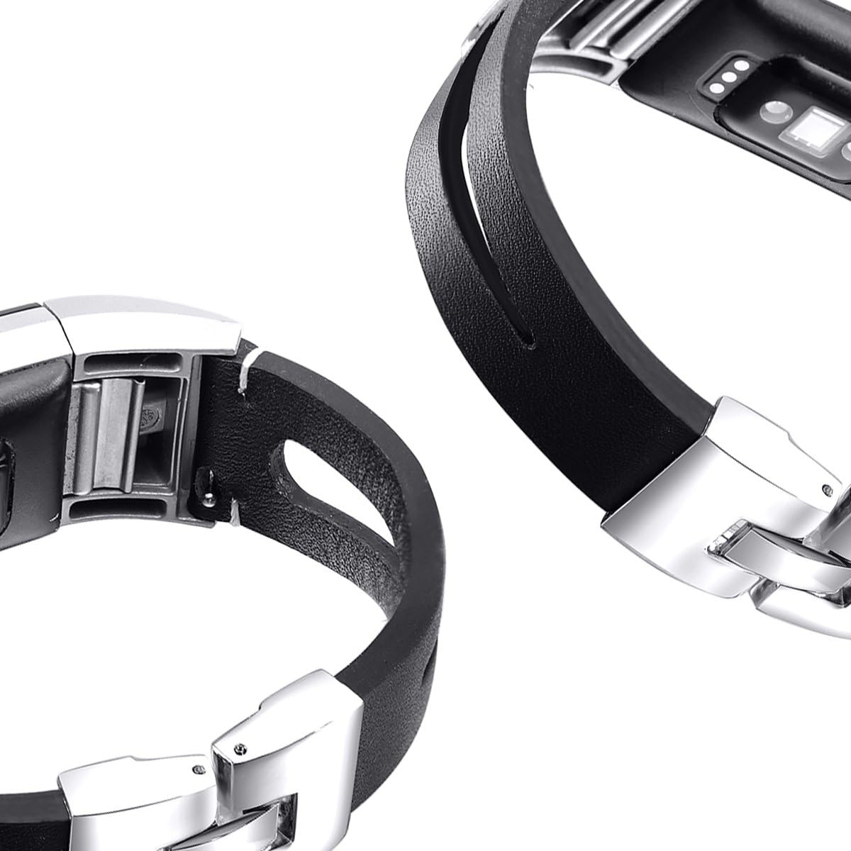 bayite Leather Bands Compatible Fitbit Charge 2, Leather Band Metal Clasp Smartwatch Replacement Accessory Bracelet, Black With Hole, Extra Large