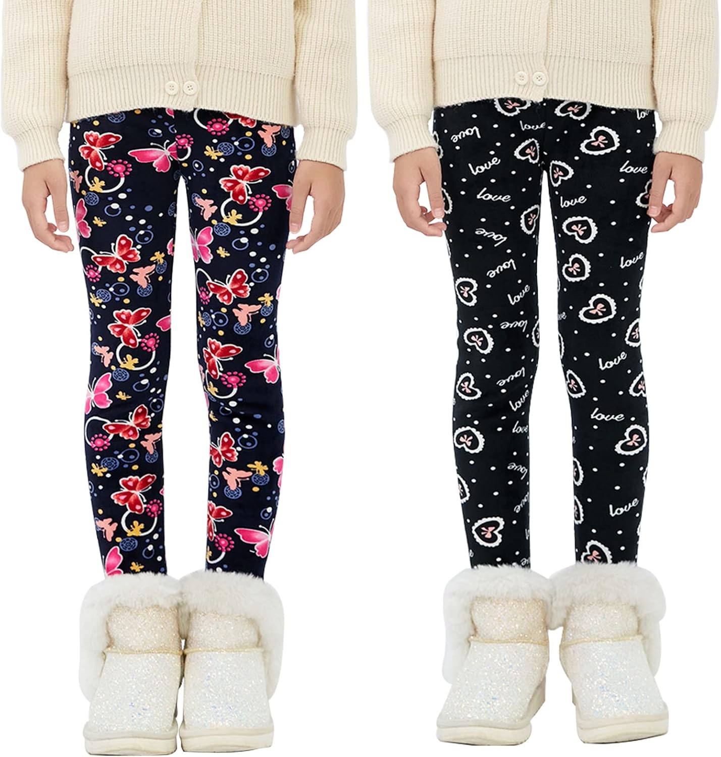 Maeau - Hiver Leggings Pour Fille Pantalon Chaud Rembourré Enfant Taille Élastique Leggins Imprimé Pack De 2 - Noir - 10-12 Ans