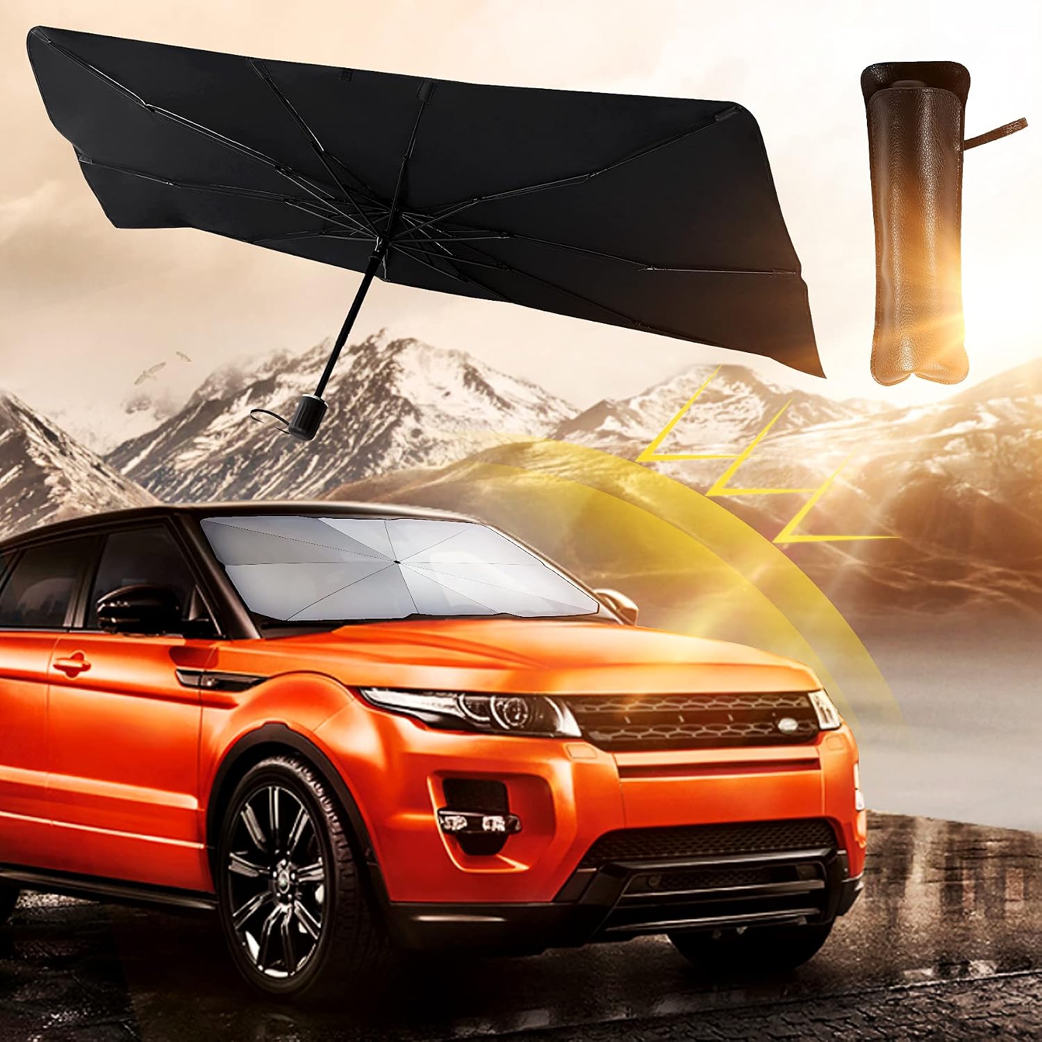Windshield Umbrella,Car Sun Shade,Carbon Fiber Ribs，Flexible and Not Easy to Break，Keep Car Cool，Protect Vehicle from UV Sun and Heat，Easy to Use/Store (55''x 31'')