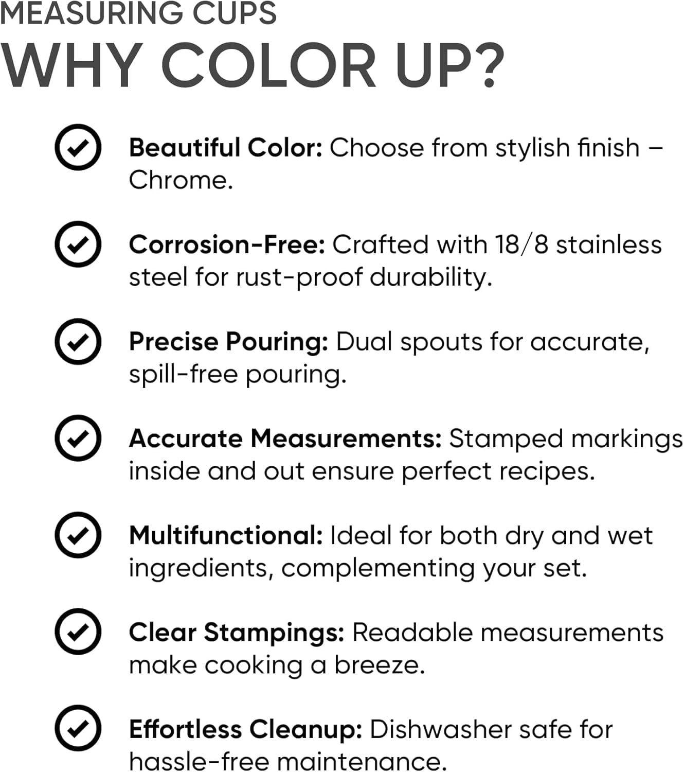 Color Up Measuring Cup Set, 8 Piece, Copper and Chrome Finish, Stainless Steel, Accurate for Wet & Dry Ingredients, Embossed Markings, Easy Pour Spouts, Dishwasher Safe, Kitchen Essential (Stainless)