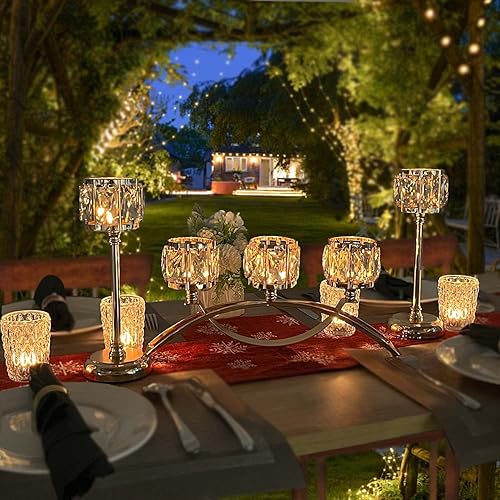 Miniatura 4 de Juego de 3 portavelas de cristal dorado francés soporte de candelabro con 3 brazos centros de mesa para chimenea hogar sala de estar boda día