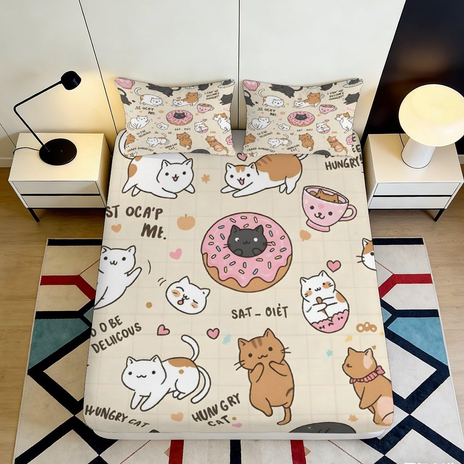3D Printed Cute Cat Pattern Fitted Sheet Microfiber Soft Breathable Cartoon Donut Bed Cover for Bedroom Dormitory Guest Room Mattress Protection 180x200x25cm