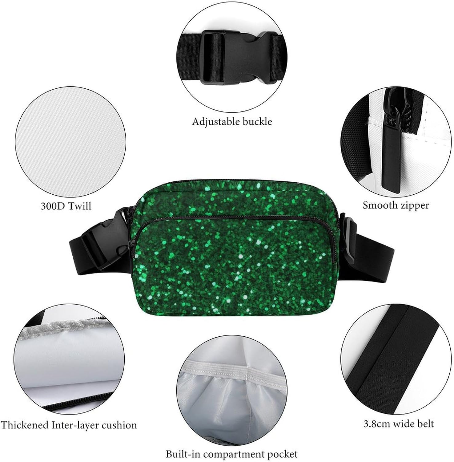 Waist Bag, Green Sequin Sparkle Printed Waist Bag,universal Waist Bag,portable Waist Bag,durable Waist Bag,thickened Waist Bag, 20x13cm, XB0610005 image 5