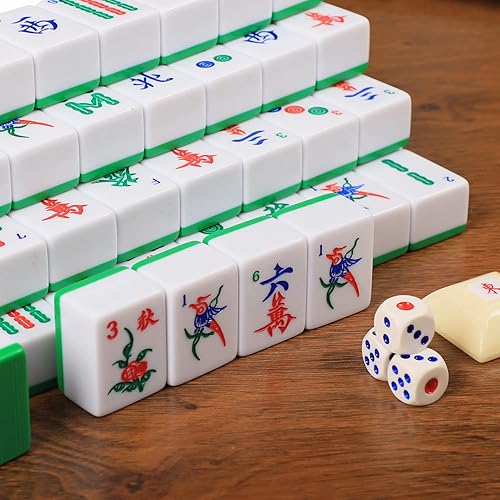 Miniatura 3 de GUSTARIA Juego de mahjong chino, con 144 azulejos verdes de melamina numerados XL (1.5 pulgadas), 2 azulejos de repuesto, 6 dados y un indicador de