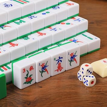 Chinese Mahjong Set, Mahjong Game Set with 146 Numbered Large Tiles (1.5, Green), Mahjongg Tiles Set with Brown Carrying Case and Mahjong Mat (Pink, 31.5x31.5)