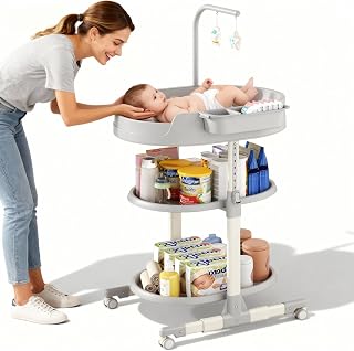 Wickeltisch, Wickelkommode für Baby, Höhenverstellbare Mobiler Baby Wickeltisch mit Stauraum, Tragbarer Wickelkombi mit Rollen und Wickelauflage für Neugeborene (Grau)