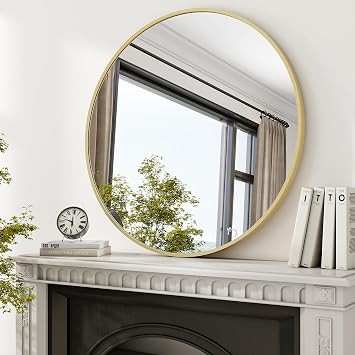 XRAMFY 36 Inch Round Mirror-Gold Circle Mirrors for Bathroom, Entryway | Modern Hanging Vanity Mirror for Livingroom, Wall Decor, Bedroom, Matte Gold Circle Decorative Wall Mirror