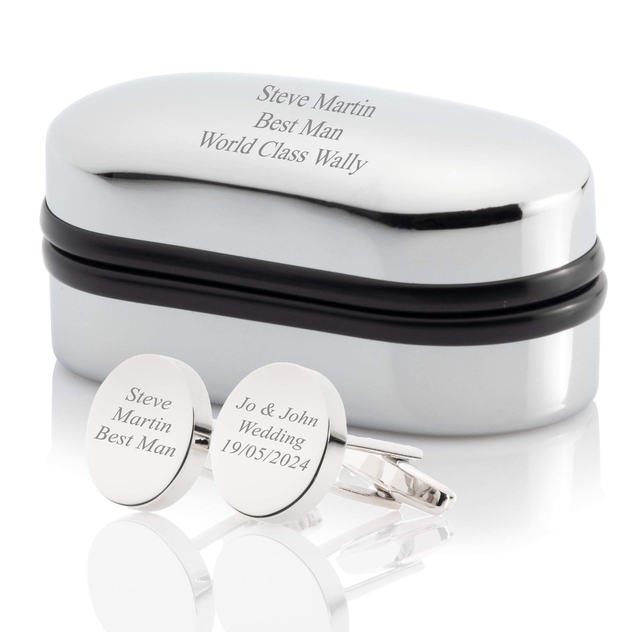 EIO GiftsPersonalised Plated Best Man Cufflinks In Engraved Chrome Case - Engrave It With Your Custom Text - 4 Shapes To Choose From