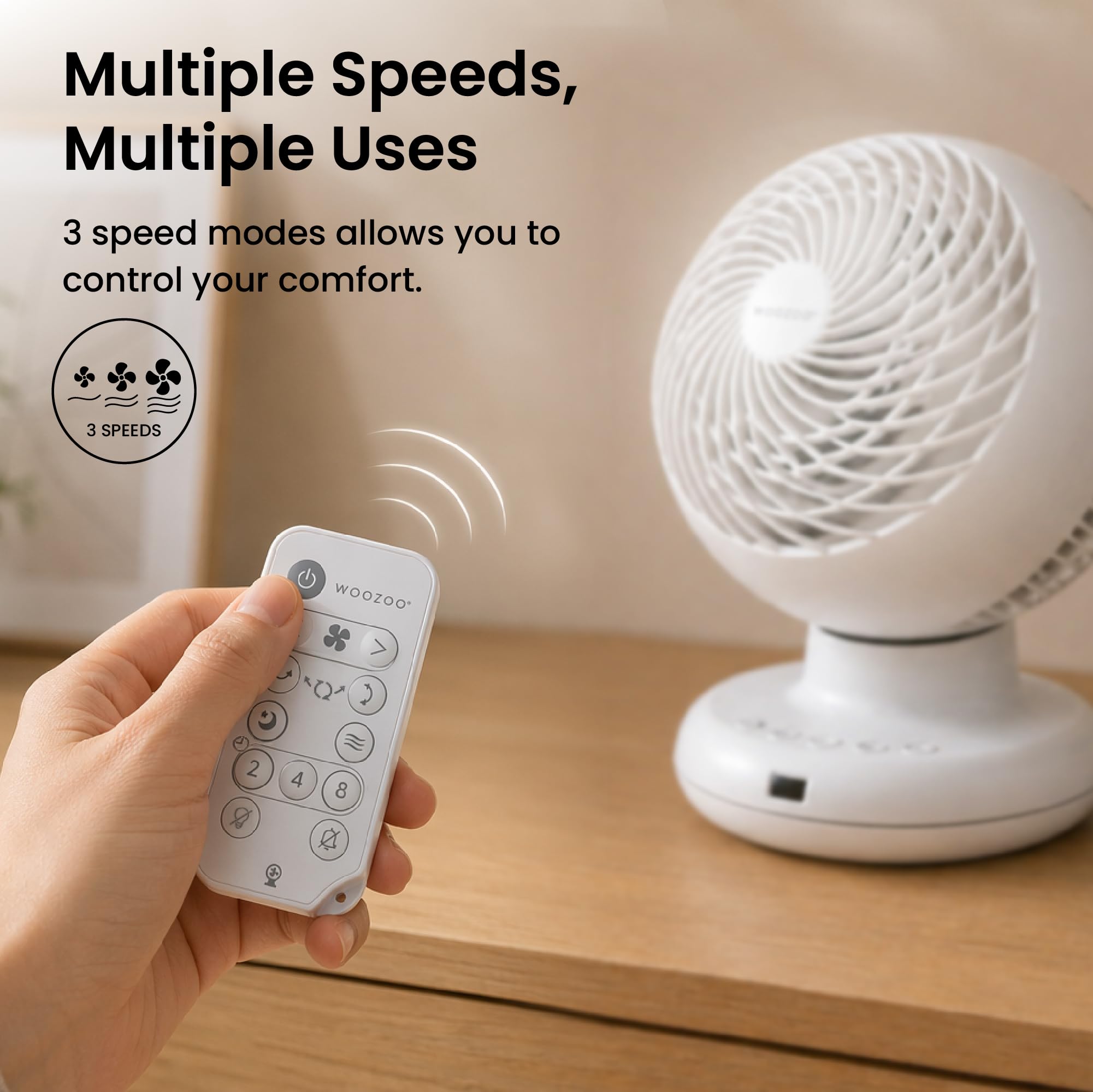 Iris Ohyama Woozoo Tischventilator, Raum bis 28m², Multidirektionale Oszillation, Fernbedienung, Leise 21dB, Tragbar, 3 Geschwindigkeitsstufen, Timer, Fan, Für Schafzimmer, Büro, Weiß, PCF-BC15TEC
