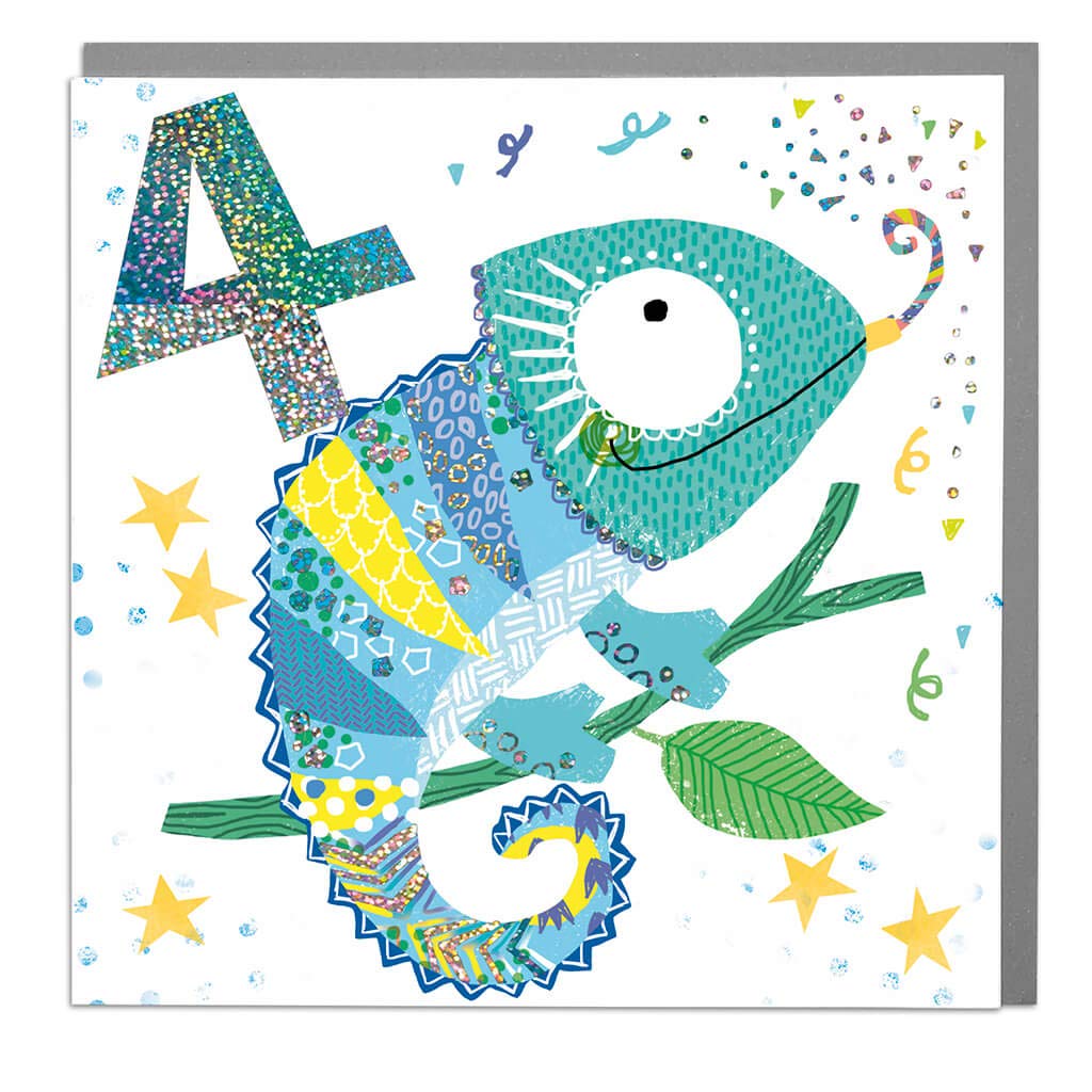 Lola Design - Happy 4th Birthday Card for Kids - Chameleon Design, Children's Birthday Cards - Blank Card with Grey Envelope - Designed and Printed in the UK - 150mm x 150mm