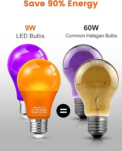 Miniatura 3 de Bombillas naranjas moradas (paquete de 4)  Bombillas LED A19 color naranja, bombillas moradas de 9 W (equivalente a 60 W), bombilla naranja con base