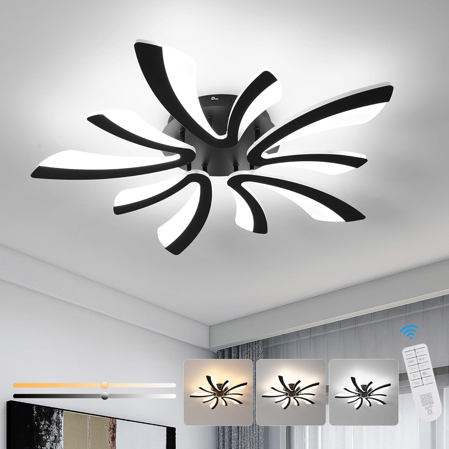 DELIPOP Modern Ceiling Light, 26.7'' Dimmable Black Acrylic V-Shaped LED Flush Mount Ceiling Light, 3000K-6500K with Remote Control for Living Room Bedroom Dining Room