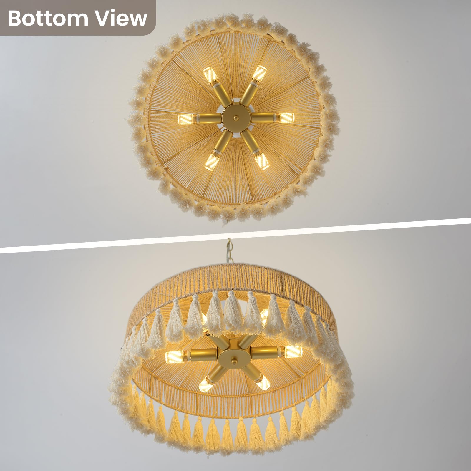 Boho Hand Woven Chandelier Large Rattan Pendant Light 19.5in 6 Lights Chandelier Coastal Style Ceiling Lighting Fixtures for Living Dining Room Kitchen Bedroom Nursery Girls Room