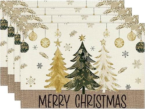 Miniatura 14 de Artoid Mode Juego de 4 Manteles Individuales Redondos con Ornamentos de Árboles de Navidad, Copos de Nieve, Feliz Navidad, 14 Pulgadas, Manteles de