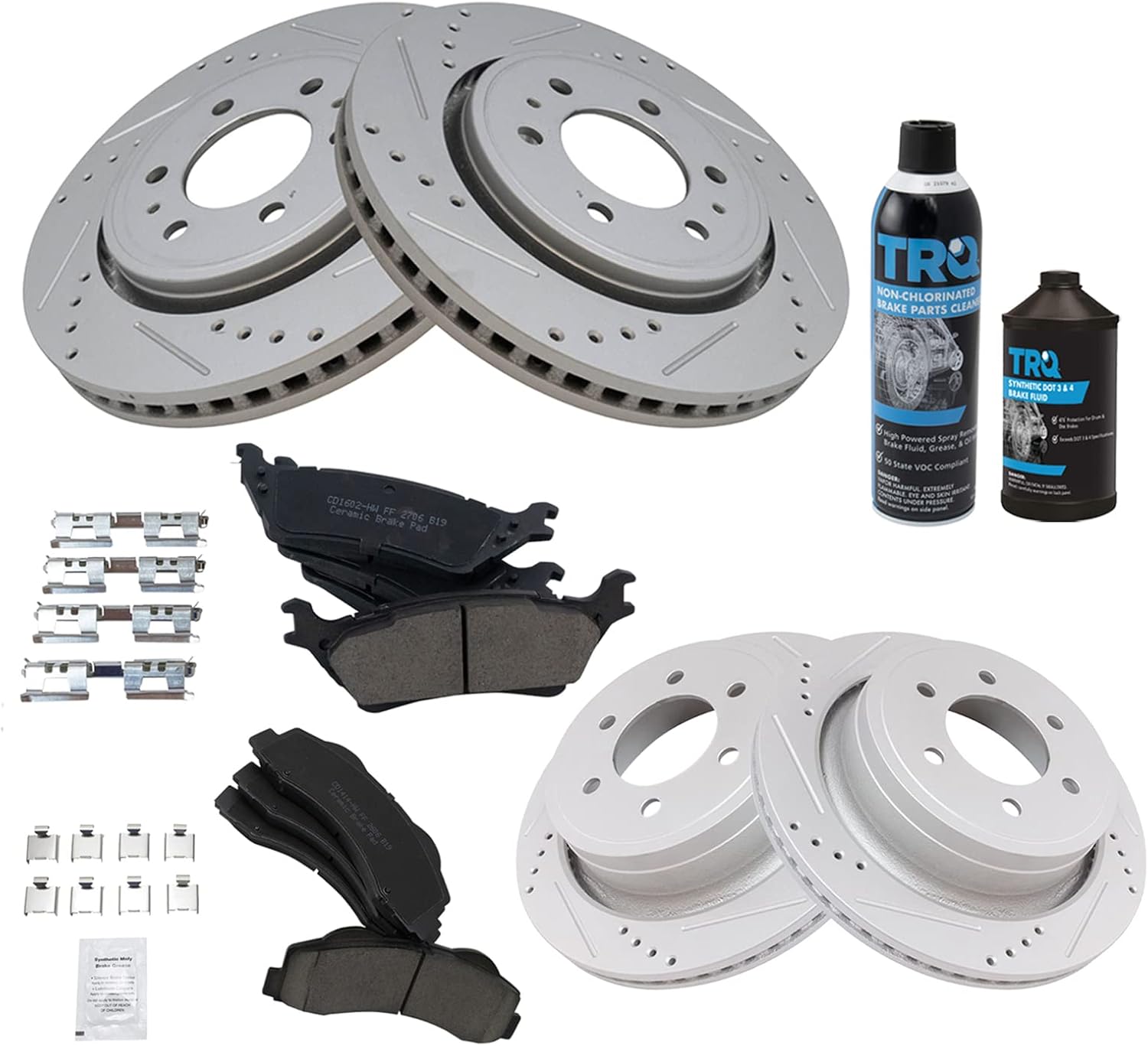 TRQ Front and Rear Performance Brake Pad & Rotor Kit Brake Chemical Kit Brake Pads Brake Rotors Set Ceramic Premium G-Coated Compatible with 2012-2017 Ford F-150