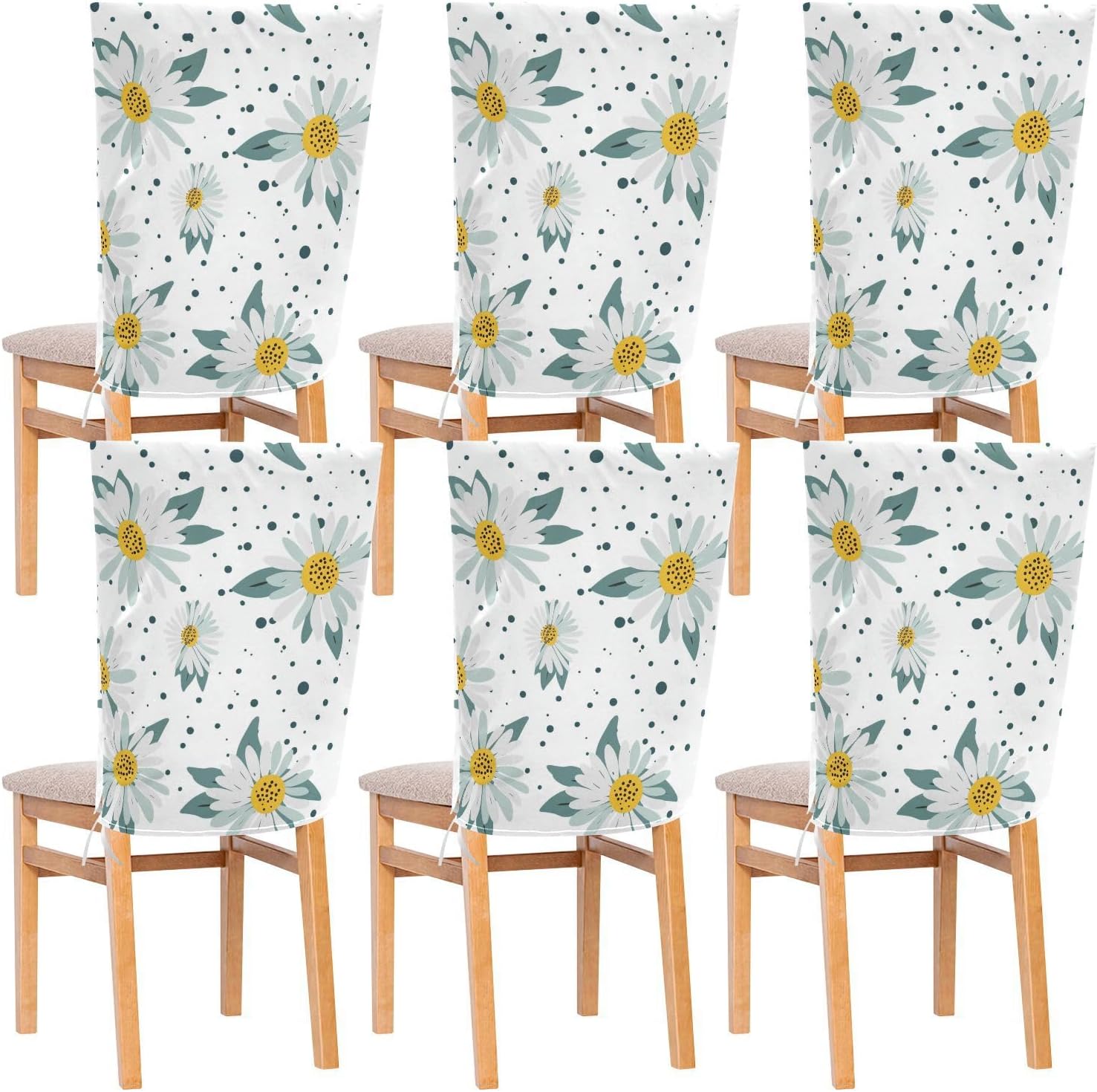 ALAZA Daisy Flowers Polka Dots Chair Back Cover Set of 6, Washable Reusable Removable Chair Slipcovers Decorative Chair Cover for Home Kitchen Wedding Party