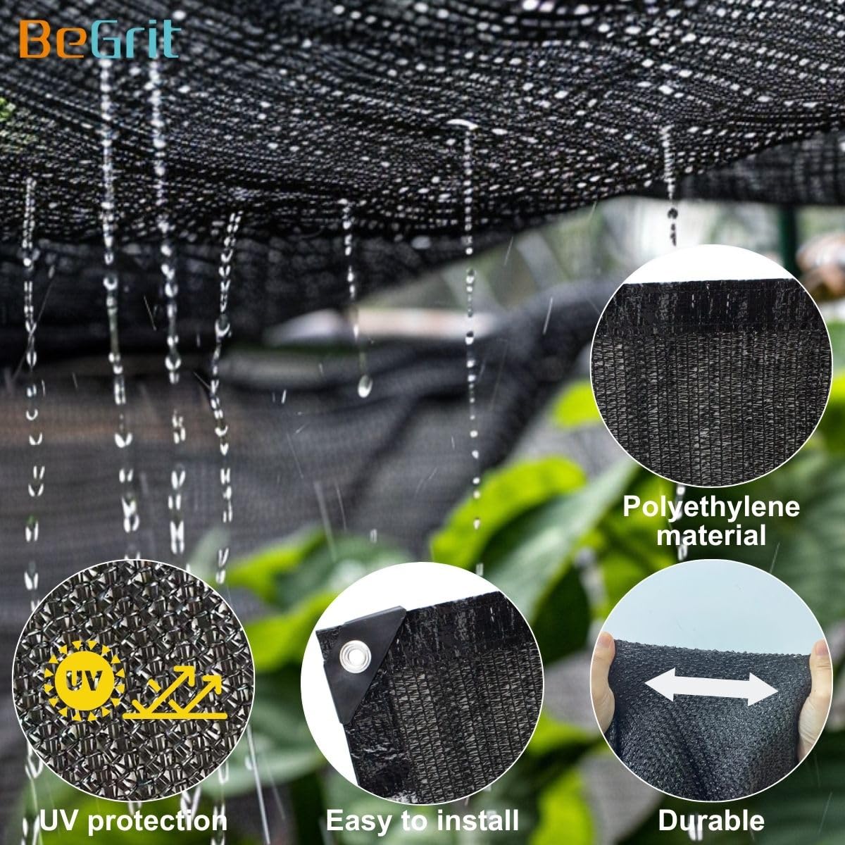 BeGrit Schattenstoff 2,7 X 6,1 M – 70% Sonnenschutz, UV-beständig, Mit Ösen, Schwarz