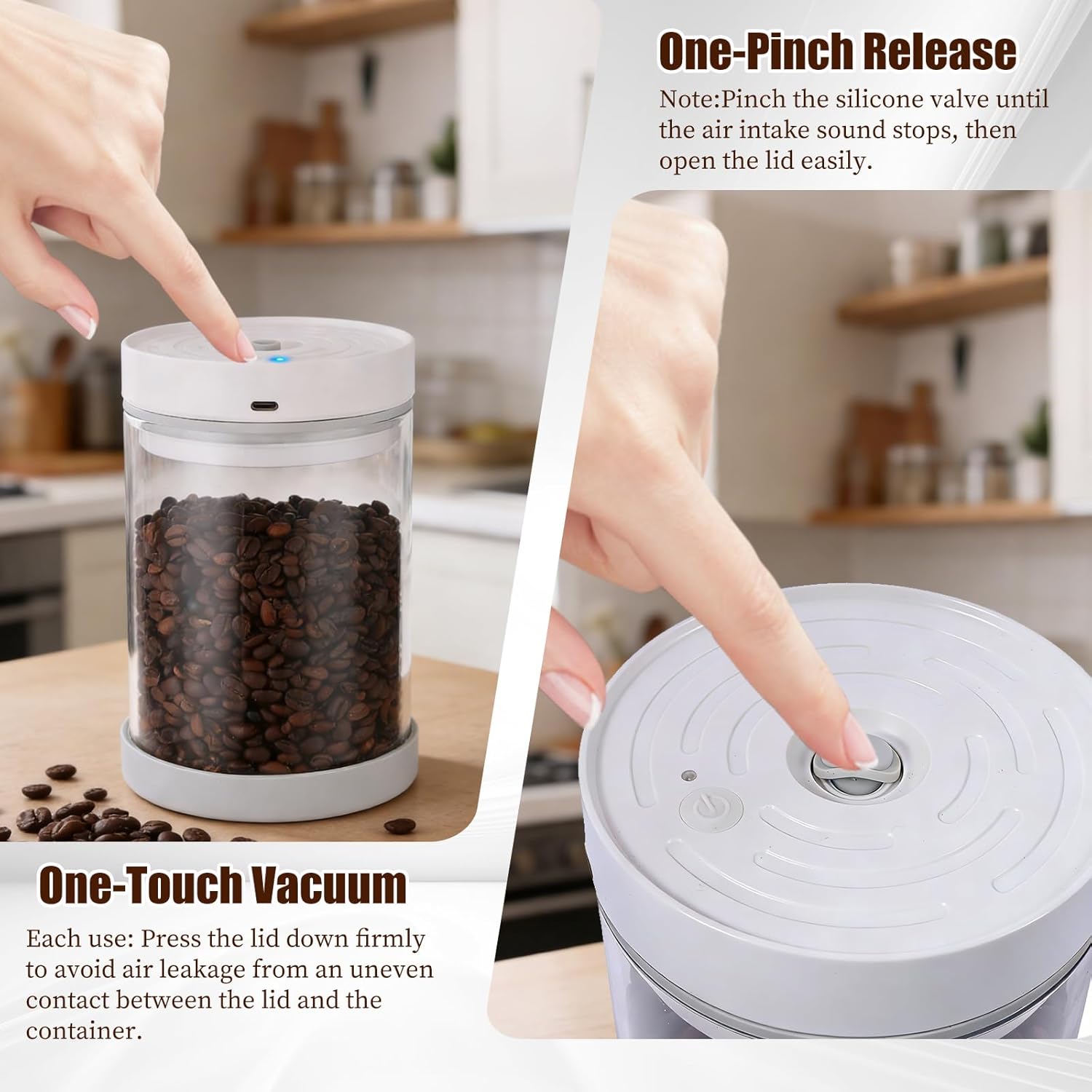 Syaws Automatic Vacuum Container,Electric Airtight Coffee Canister for 13oz Coffee Beans,1.1L Food Storage Container with Auto-Vacuum Function,Glass Jars for Flour Cereal Sugar Tea Coffee Beans Snacks