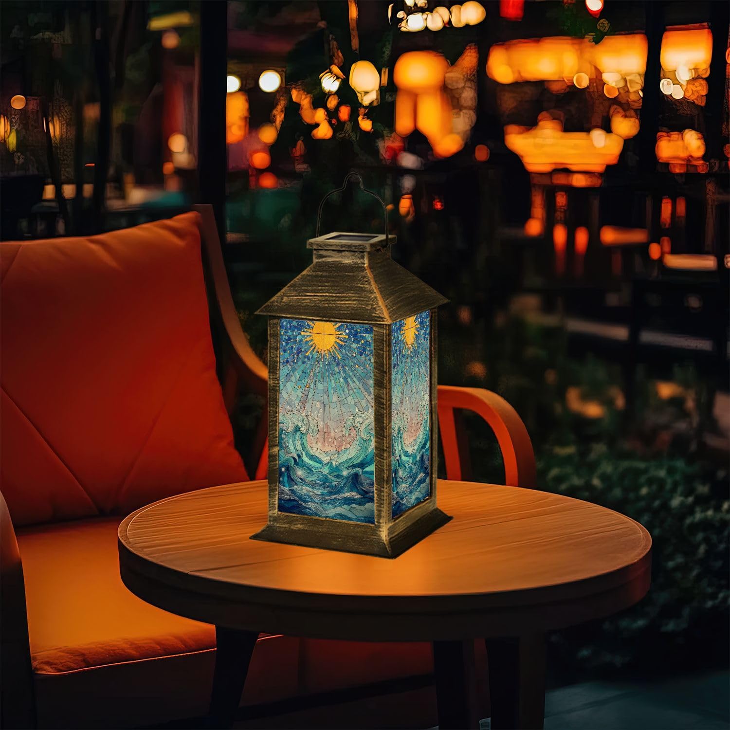 Solar Lantern Stained Glass Ocean Waves Sunburst Design Outdoor Waterproof Hanging Solar Light Outside Lights for Patio Yard House Lawn Decor Birthday Gifts for Women Mom